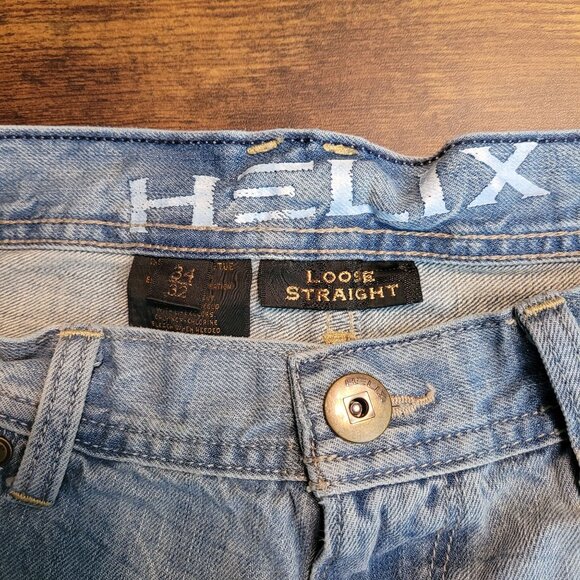 Helix Jeans Mens 34x32 Loose Straight N56 Ripped Medium Light Wash Cotton Denim - Picture 4 of 10